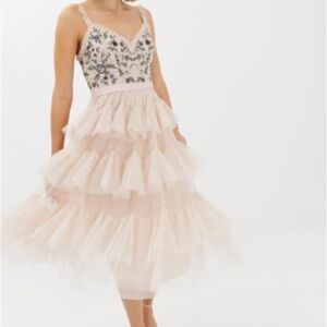 Needle & Thread embroidered tiered tulle midi dress Rose Quartz SZ 12 NWT